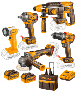 Combo 5 Herramientas Inalámbricas: Taladro Percutor de Impacto 66NM + Llave de Impacto 400NM + Rotomartillo + Esmeril + Linterna + 2 Baterías 4AH + Cargador